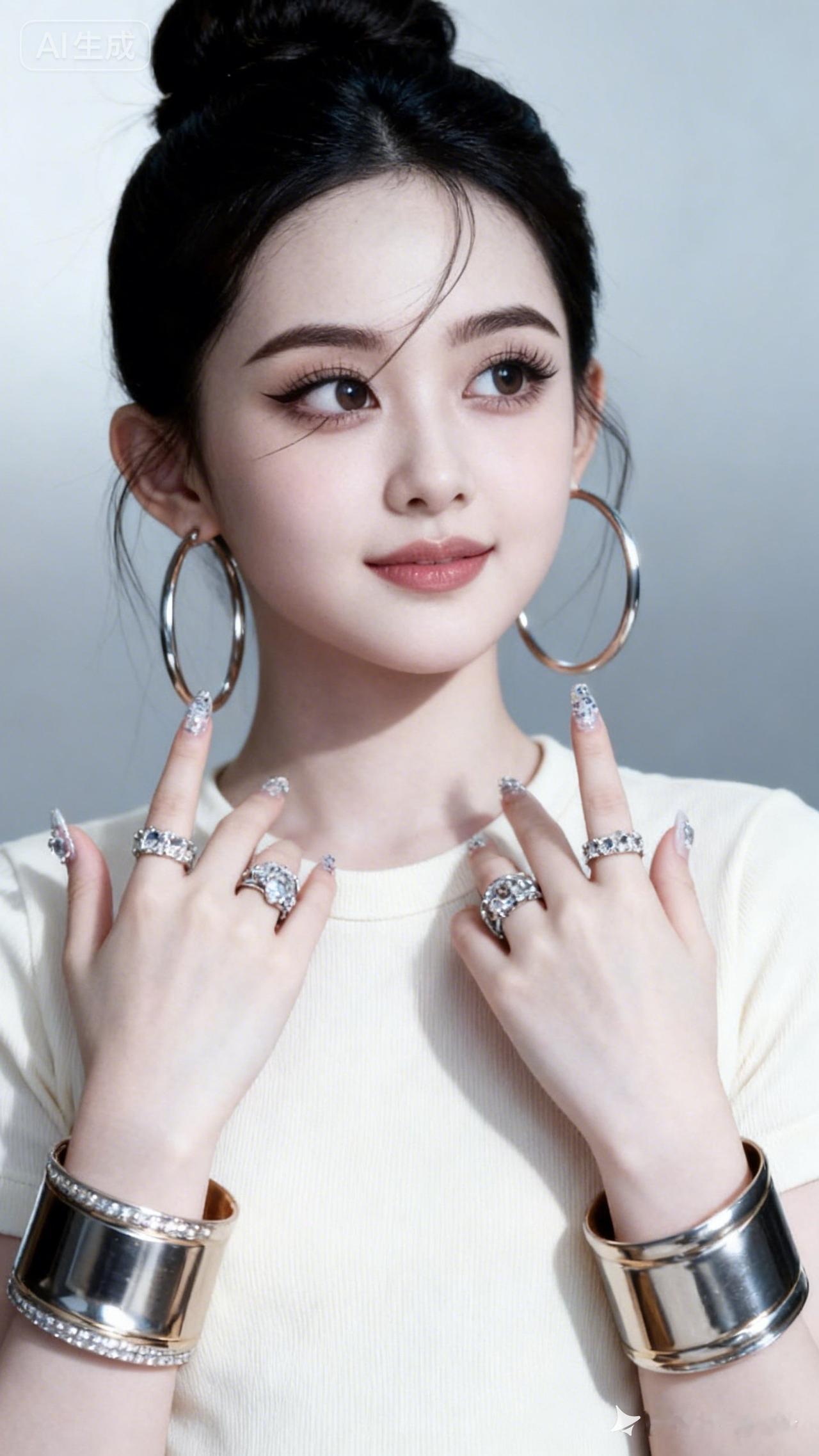 娇小江南少女，蓬松微乱盘发，米白圆领衫，大圈耳环配宽镯钻戒美甲。侧光发丝轻扬，冷