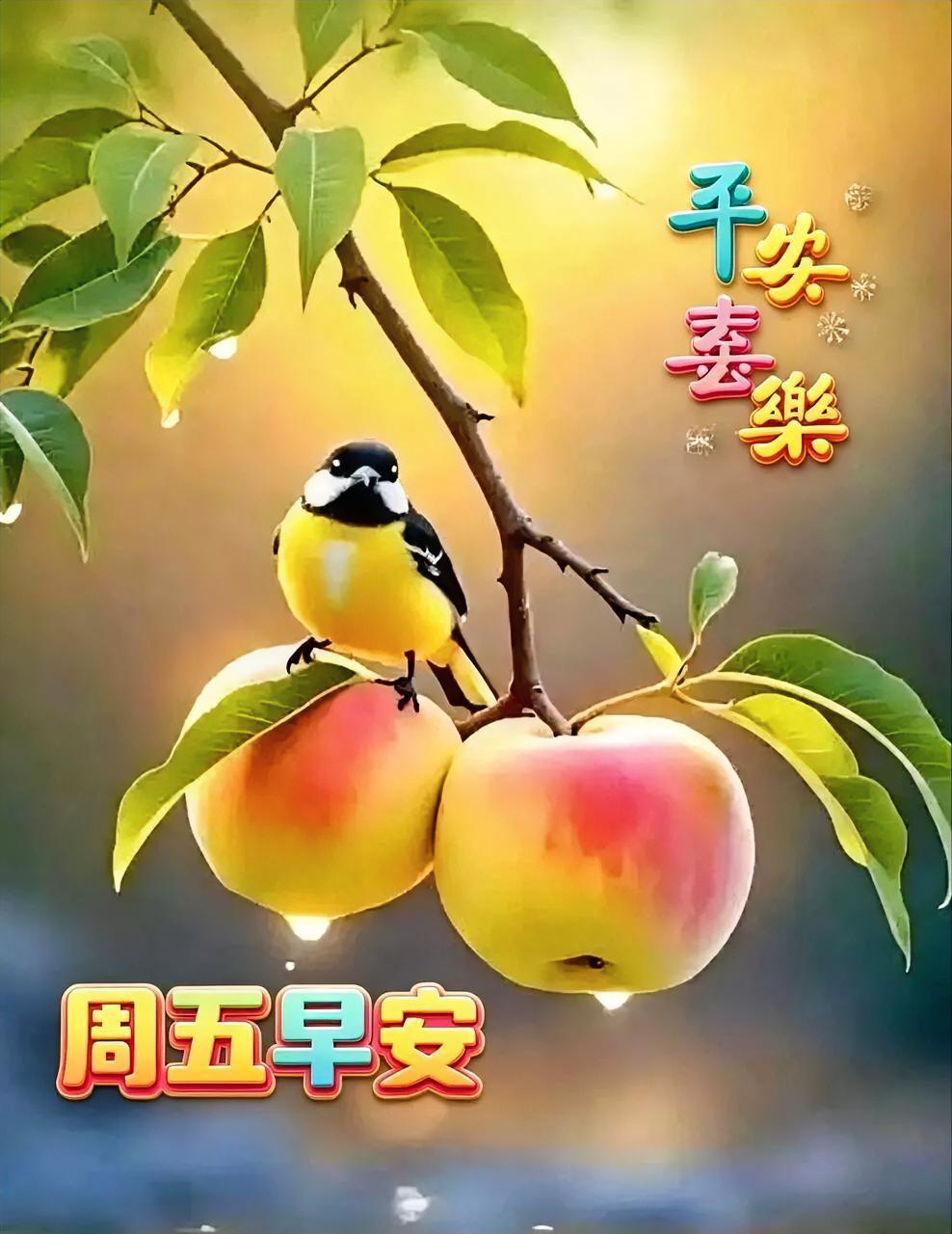 周五早安！枝头鸟啼声声，硕果满挂枝头。愿你平安喜乐，元气满满开启周末！打卡早安