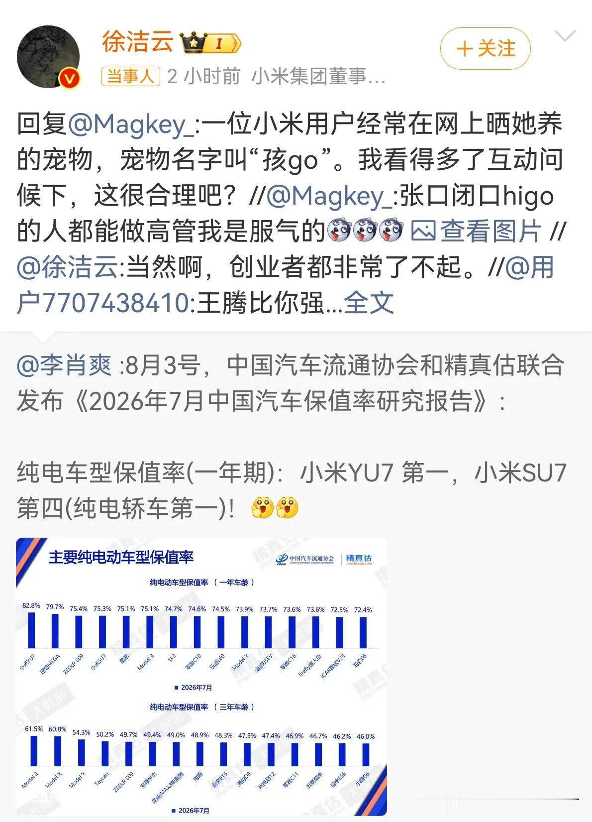 小米徐洁云就“孩go”言论回应，称有小米用户的宠物名叫“孩go”​。真是长江后
