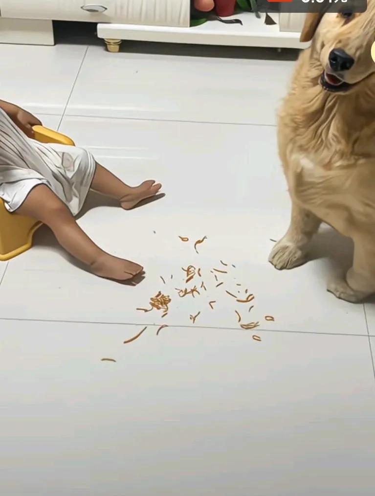 狗狗想吃地上，孩子掉的干脆面，然后抬头不停的看着主人的方向，后来见主人不理它，