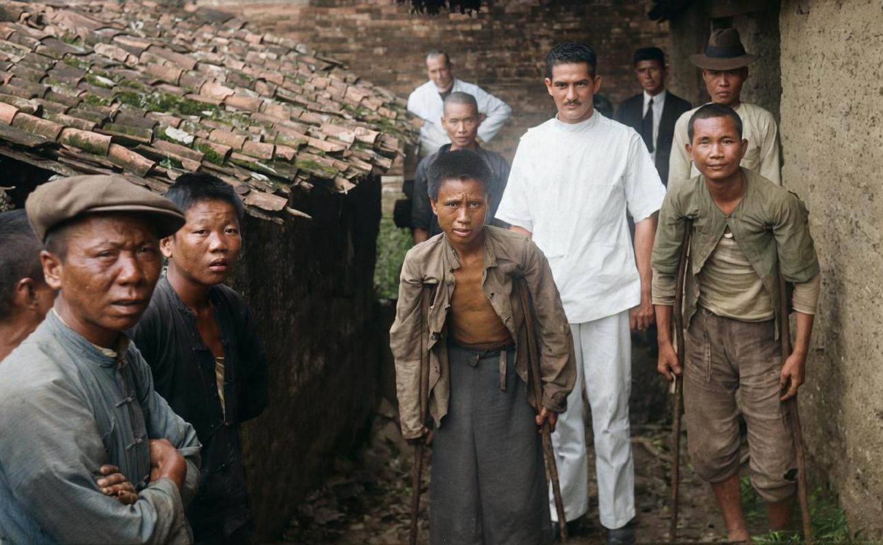 1935年，广东江门，身着干净白衣、留着利落八字胡的西方医生Blaber站在泥墙