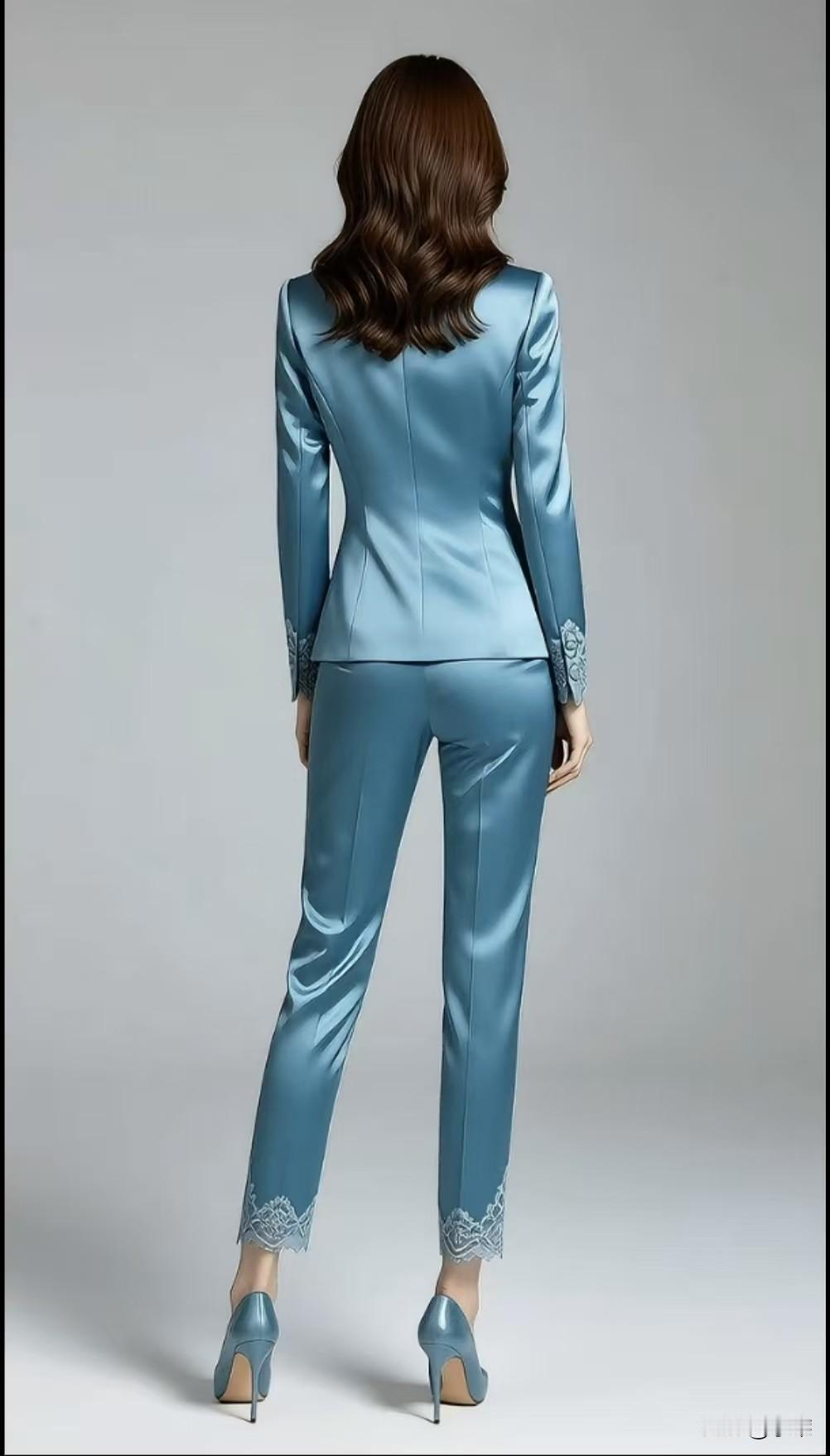 穿西装怎么搭配才好看?高级的西装穿搭，是利落版型与精致细节的完美融合。湖蓝缎面