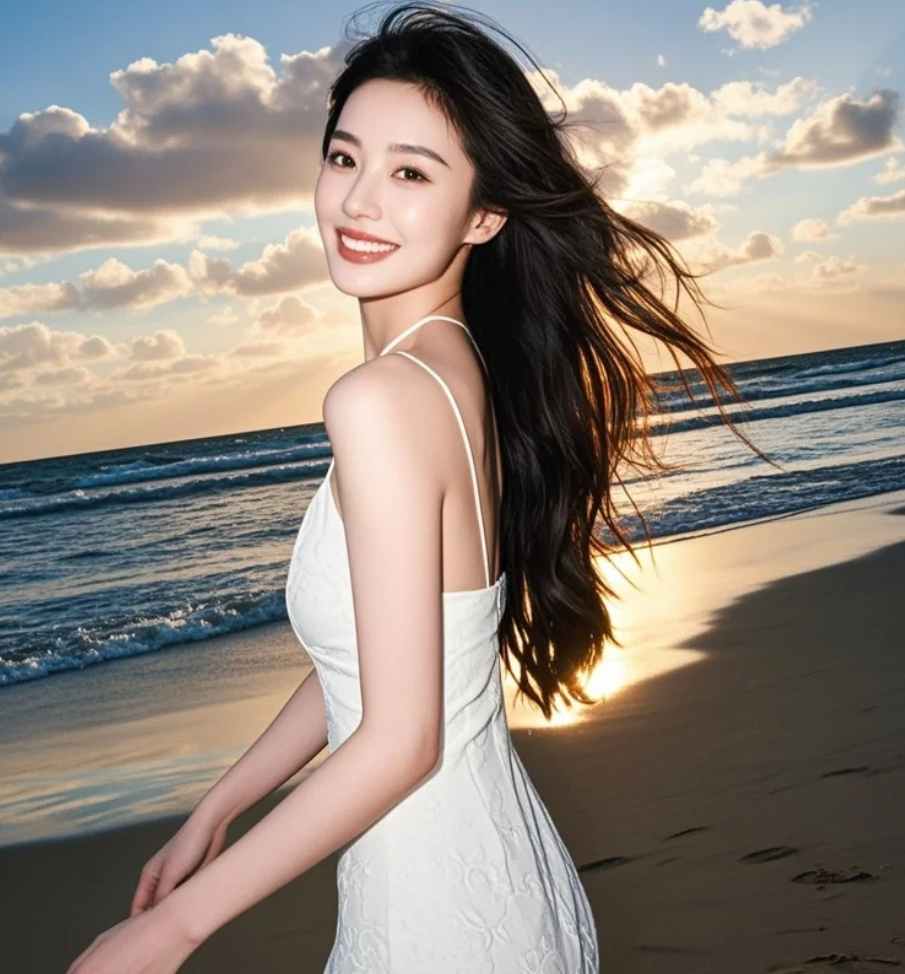 海风鼓动长发，白裙如翼欲飞