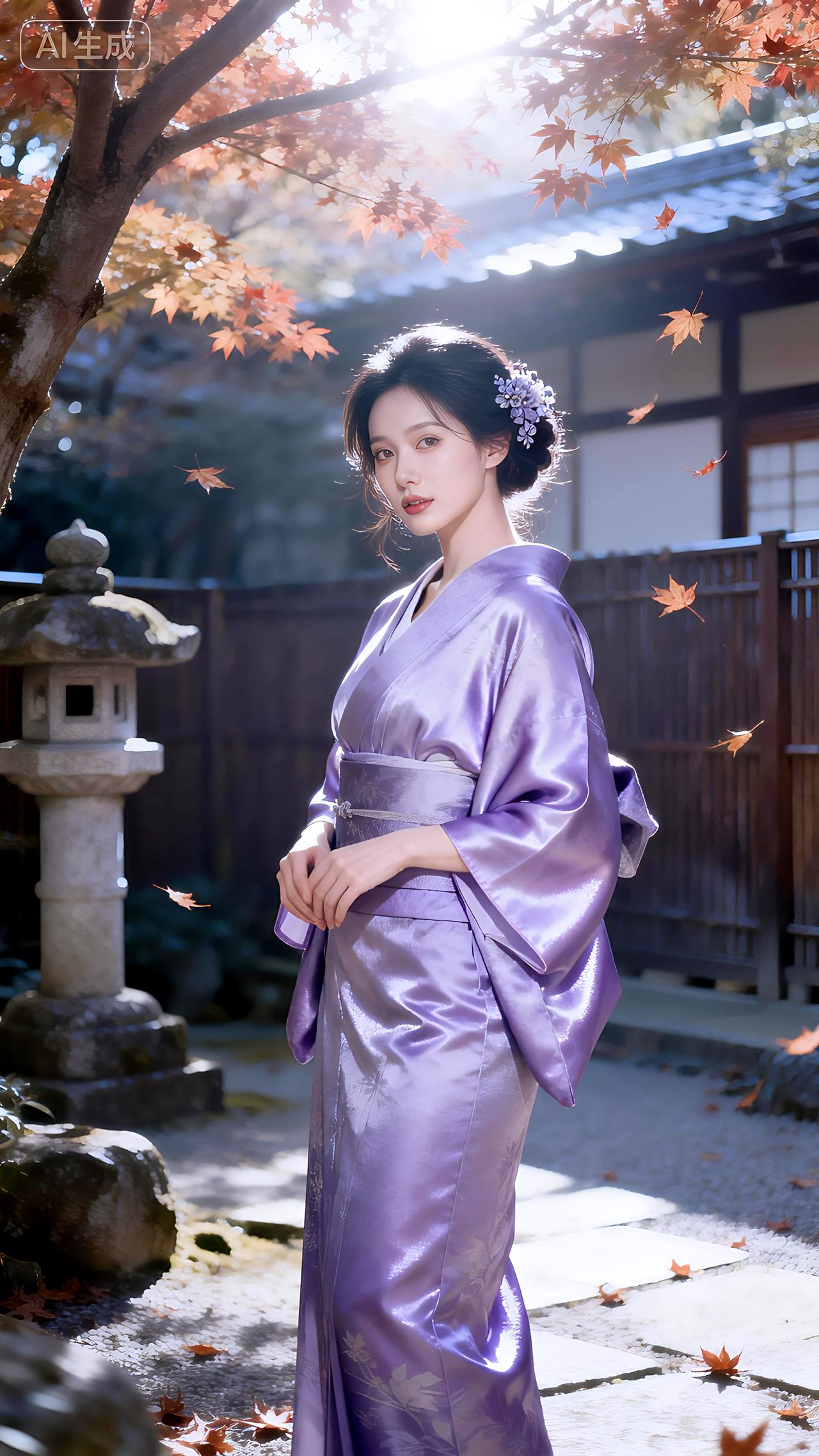 枫庭寂寂染秋氛，素手轻拢紫霭云。壁纸写真