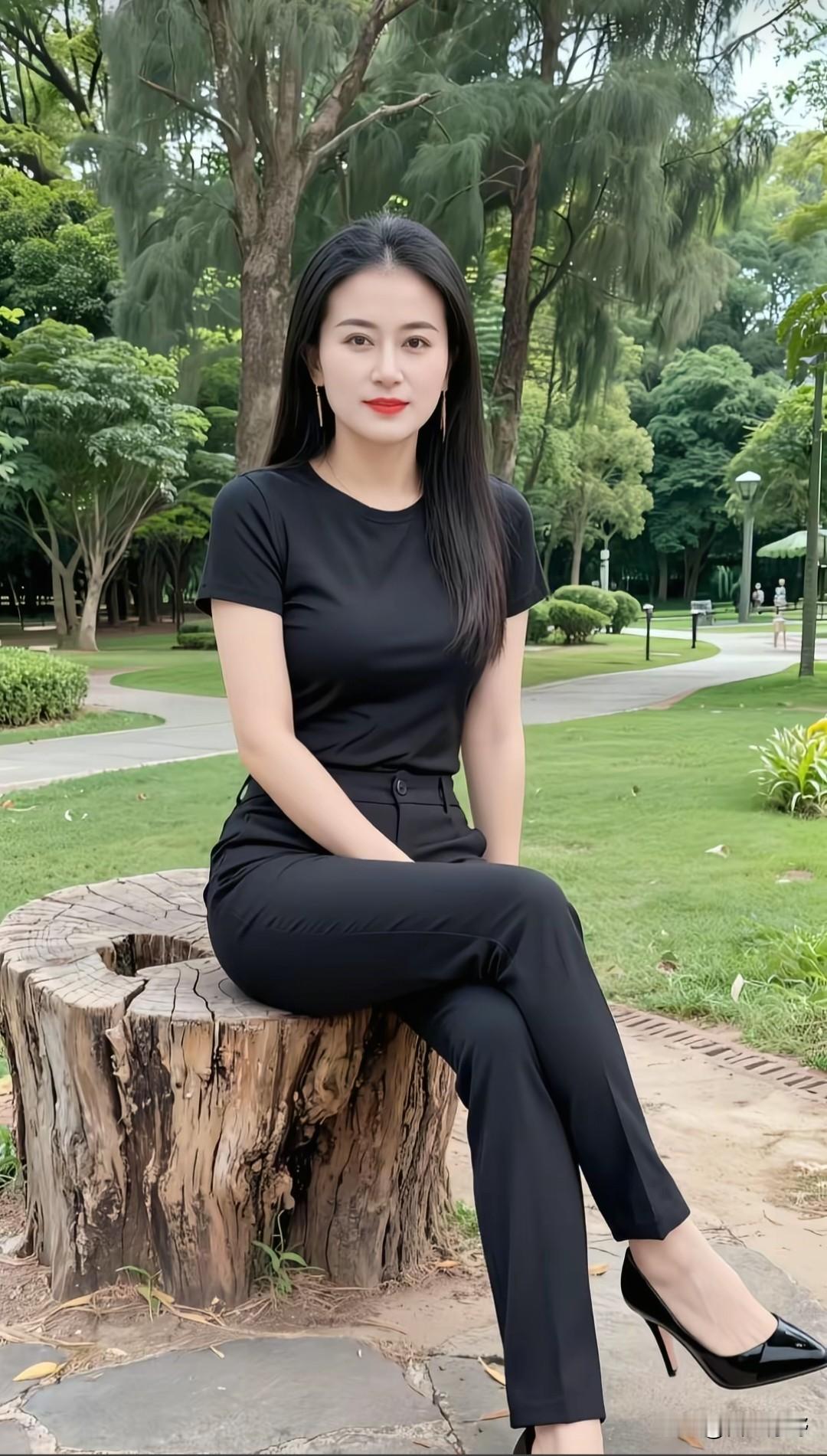 优雅黑衣女郎，公园里的时尚穿搭