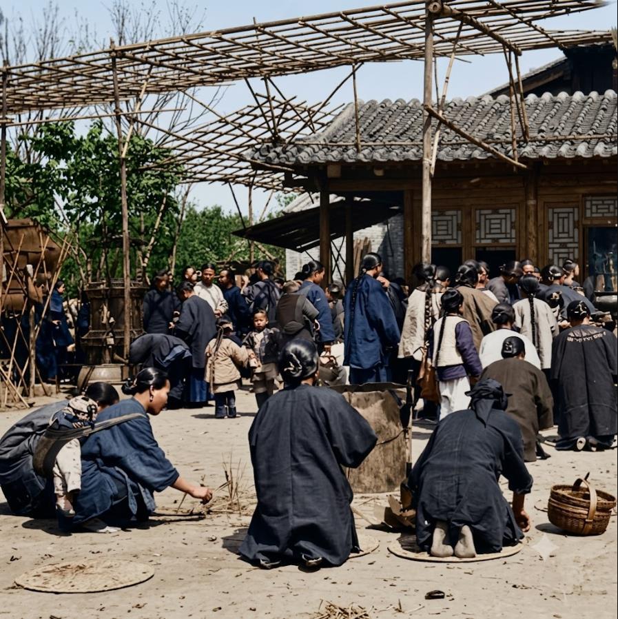 晚清，村口的一座小型乡土祠庙，庙前搭有竹木搭建的敞式棚架，棚下与庙前挤满了前来祭