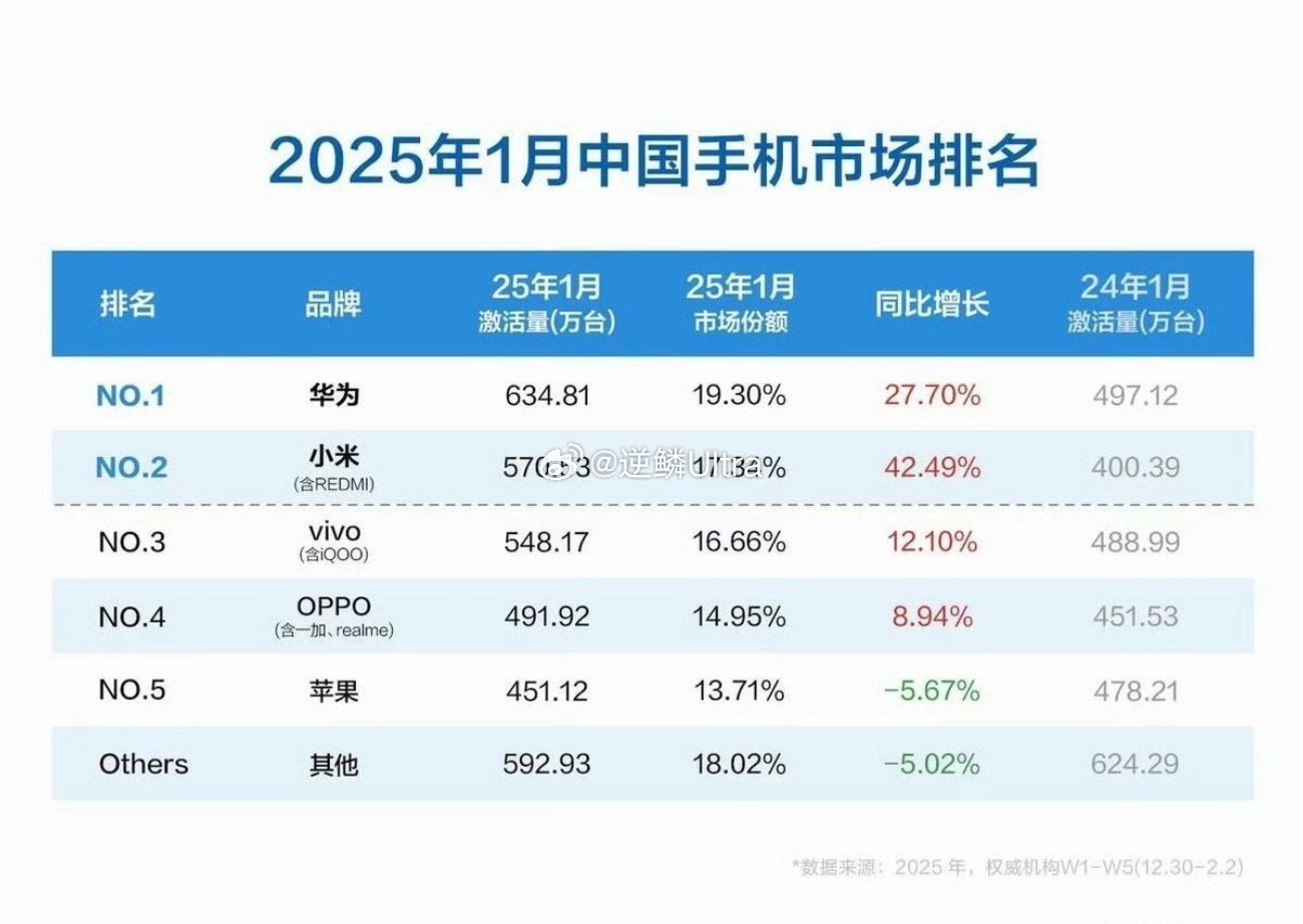 2025年1月中国手机市场排名↓