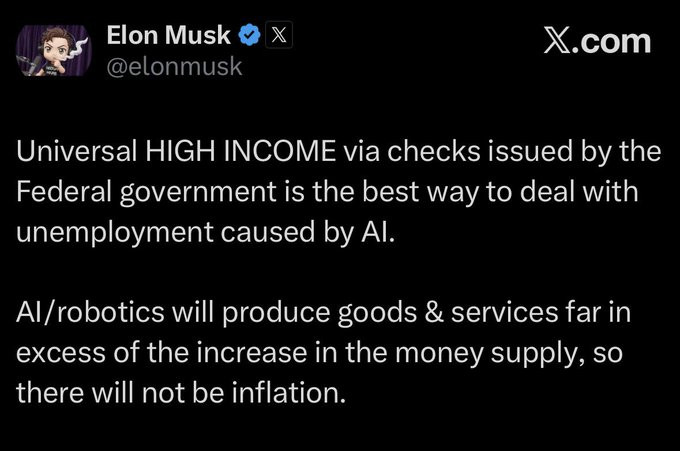 埃隆·马斯克表示，来自联邦政府的普遍高收入是应对人工智能引发的失业的最佳方式。亲