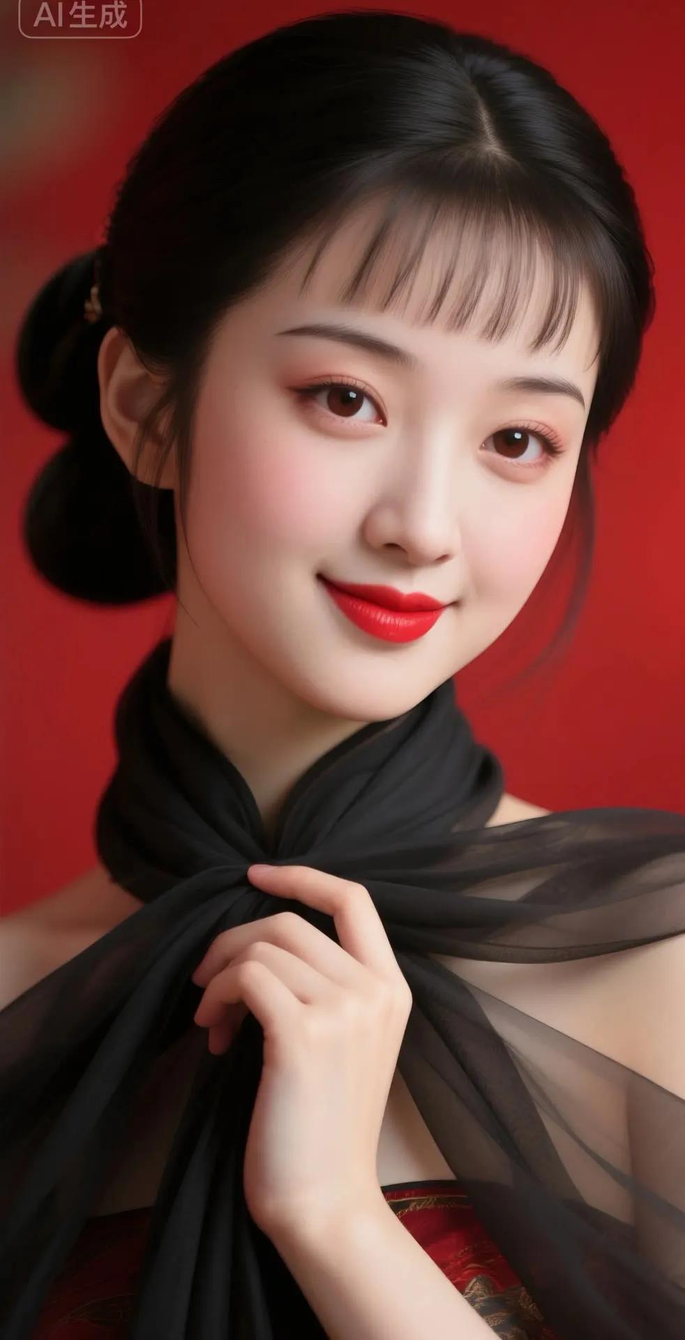 温柔红唇，黑纱轻舞，古典优雅，韵味十足。