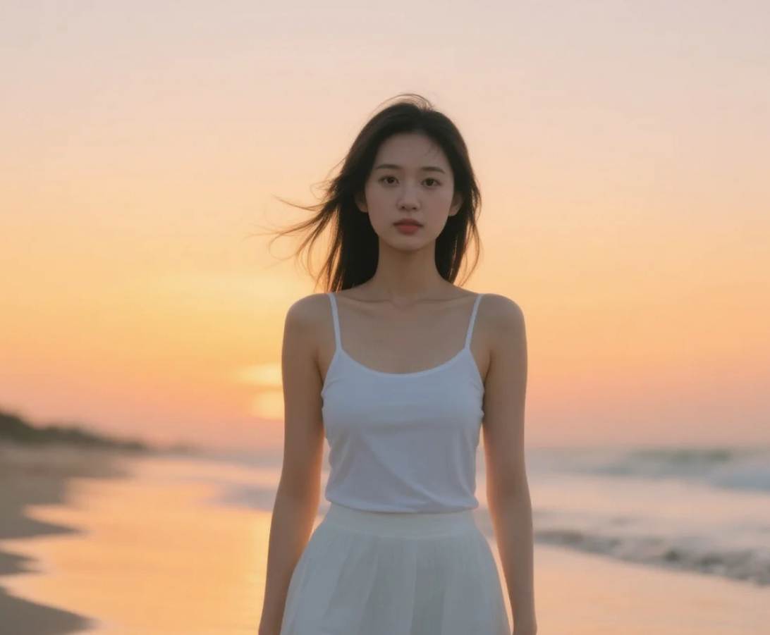 海天之间，她穿着白色短裙走入画中时光