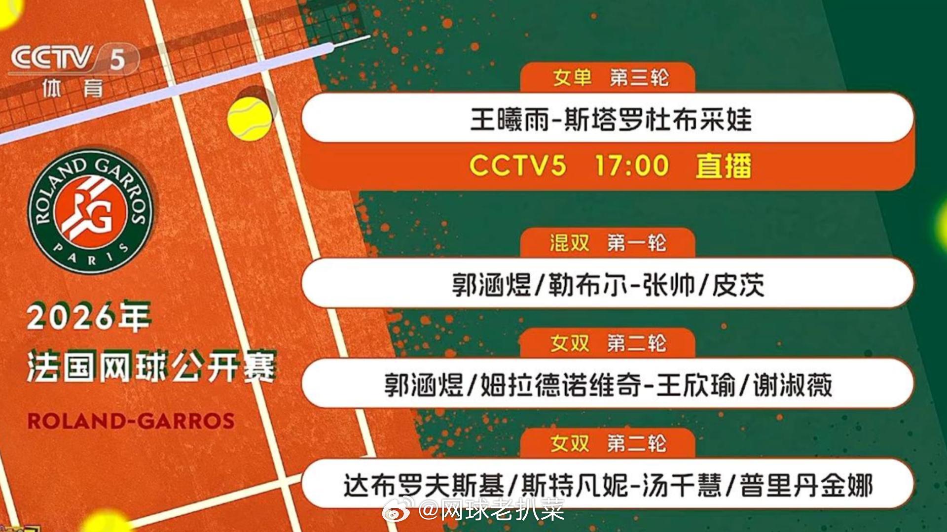 5月29日法网比赛推荐：中国球员17:00王曦雨vs斯塔罗杜布彩娃17:00