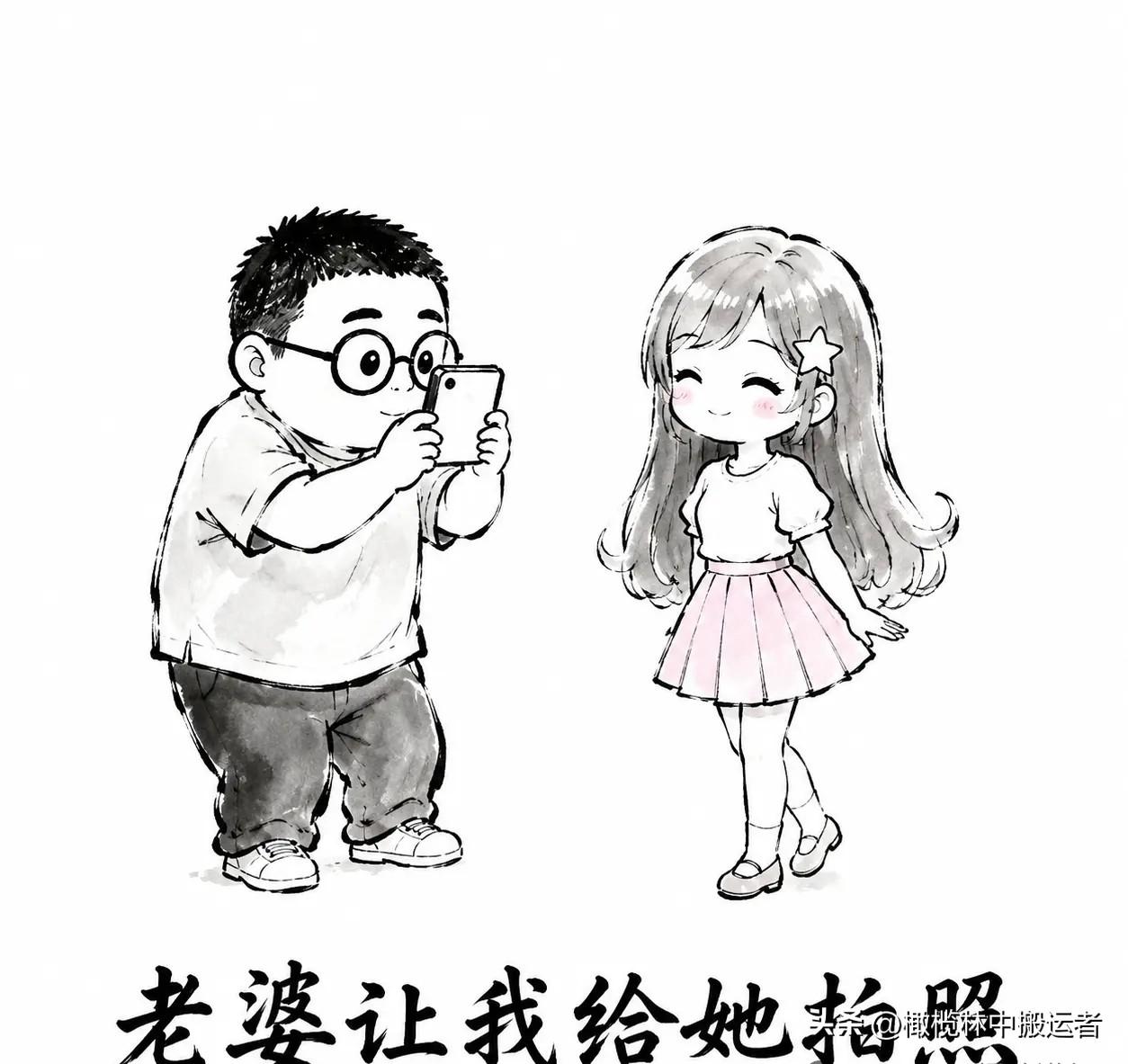 趣味漫画：老婆让我给她拍照。拍了第一张：“脸太大了，重拍。”第二张：“腿太短了，