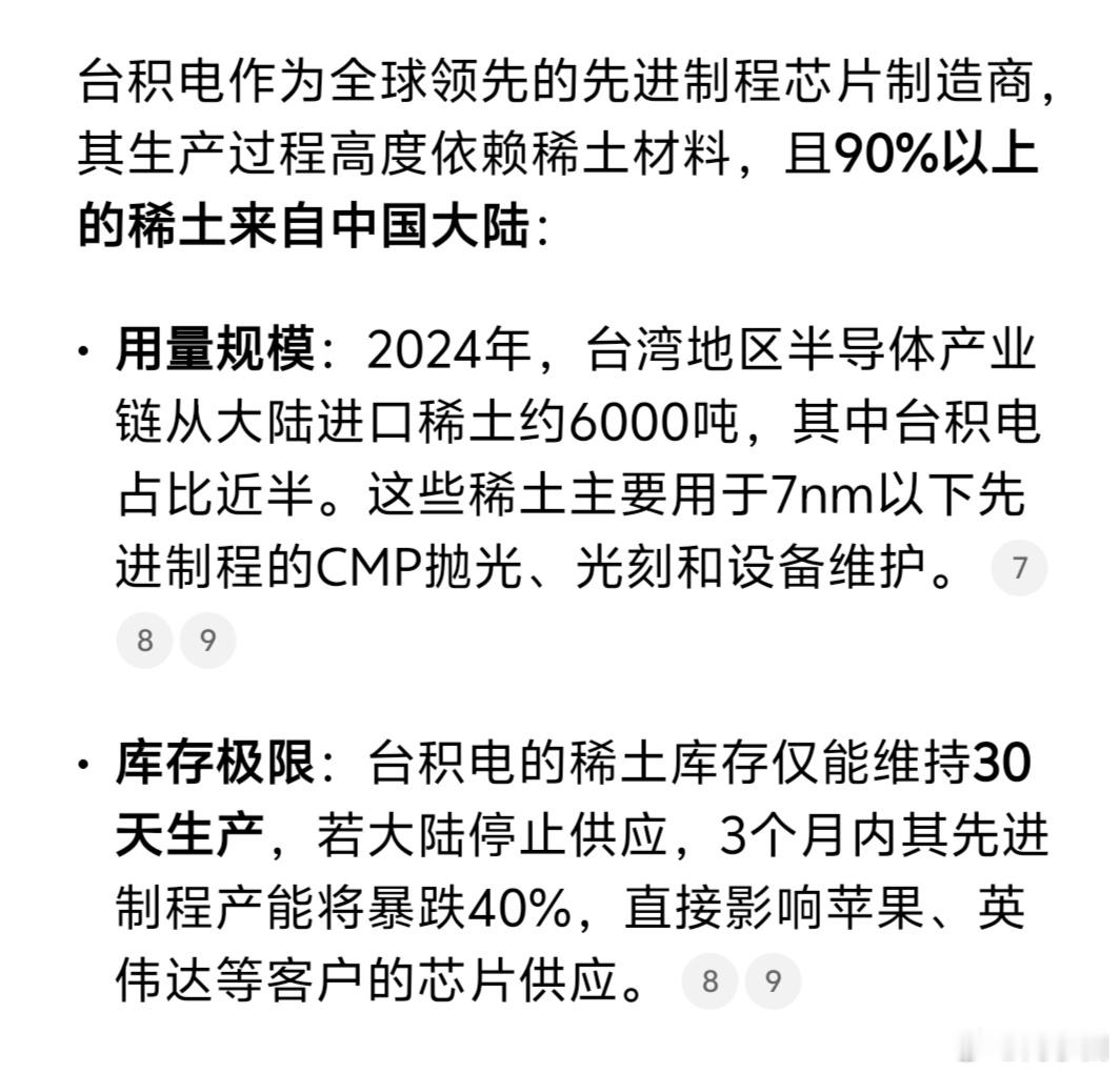 应该严禁卖稀土给台湾。让台积电先进制程停摆。​​​