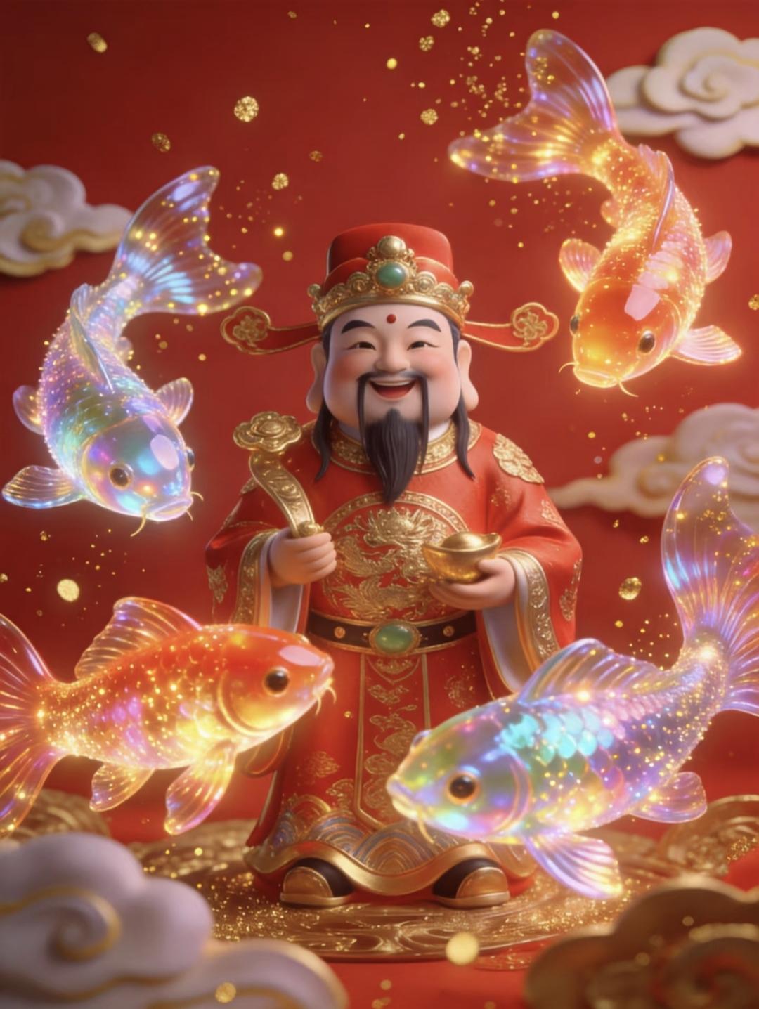 七彩锦鲤绕财神，左手元宝右手珍；祥云缭绕福气至，财源滚滚进家门。传统文化绘画