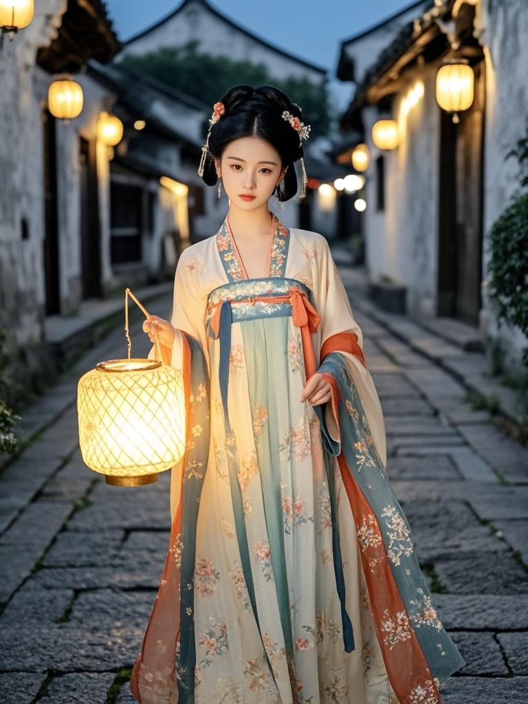 古镇夜色，改良汉服美女神秘漫步路