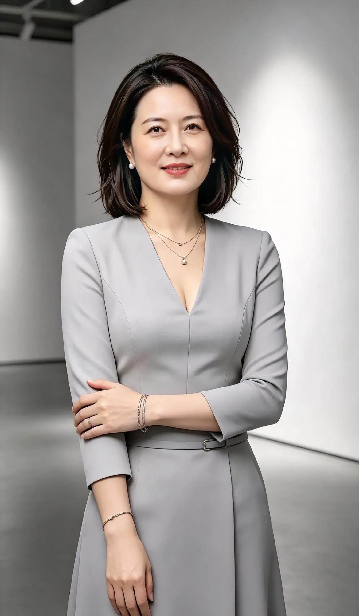 灰裙子接住一束光短发被风轻轻理过双臂交叠，像把岁月抱稳珍珠在耳畔，很
