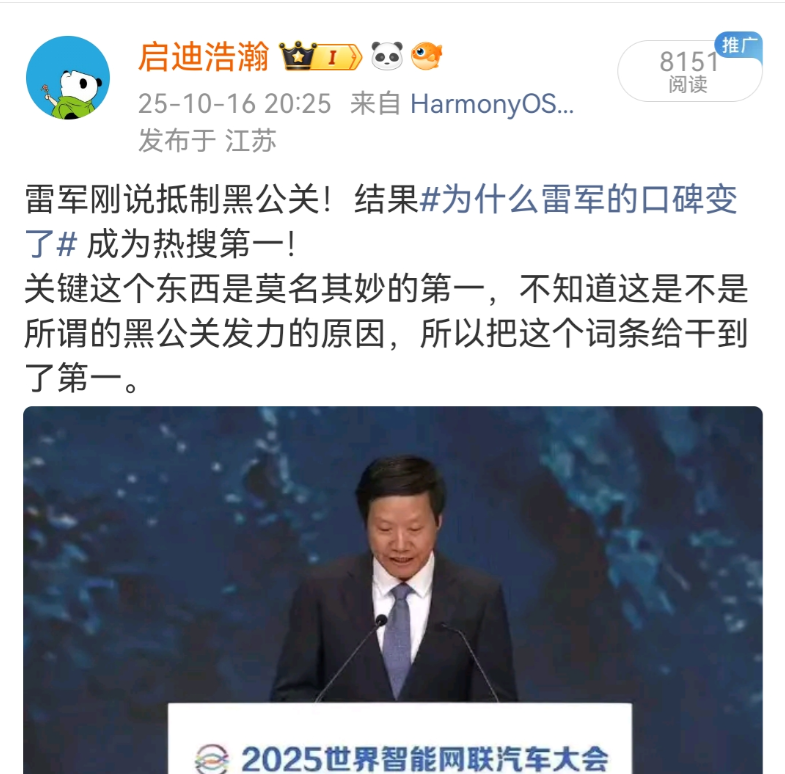 雷军刚说抵制黑公关！结果成为热搜第一！这条热搜第一都莫名其妙的，实在是太奇怪