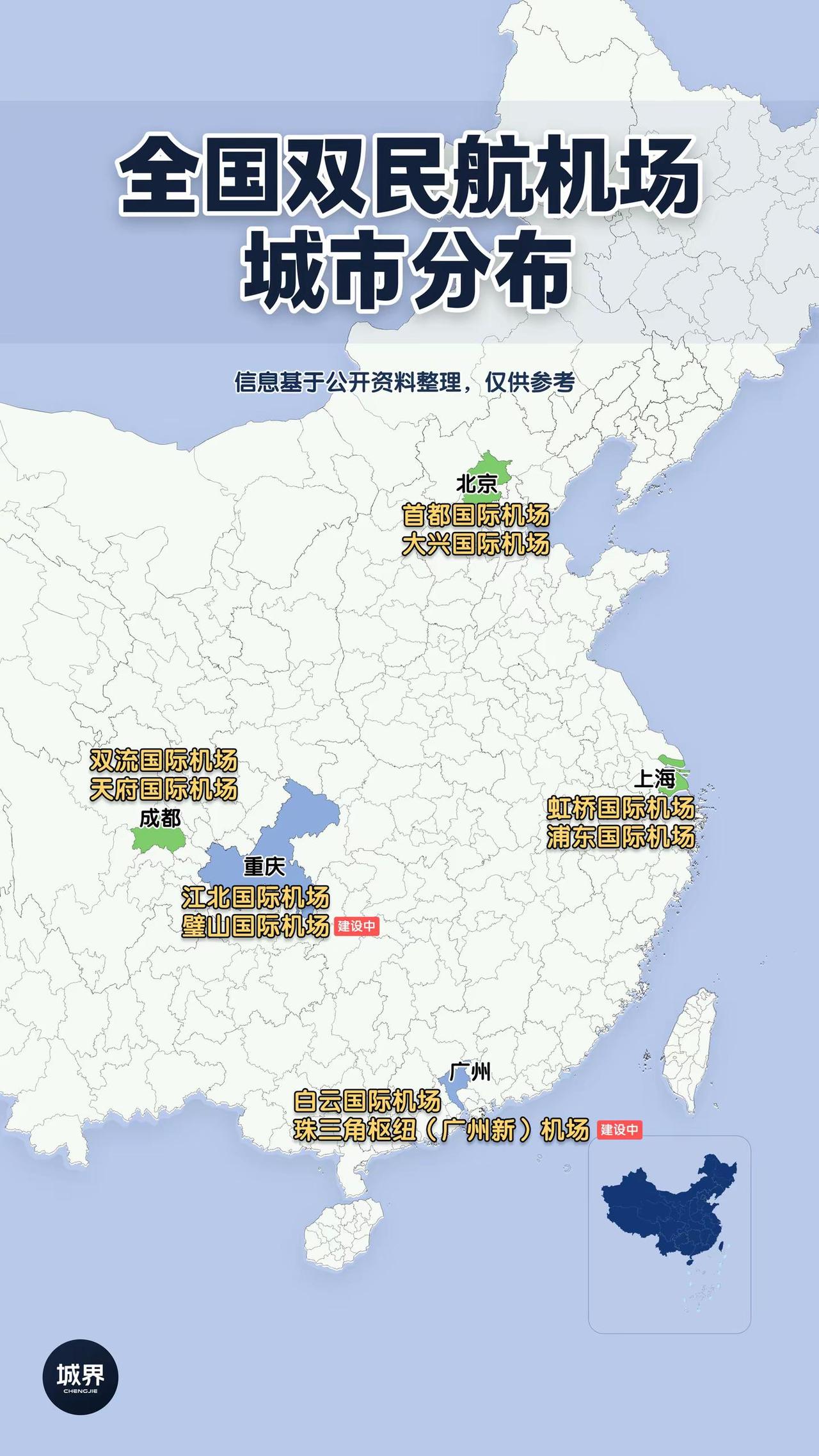 重庆、广州即将加入双机场俱乐部。目前仅有3座城市拥有双机场：北京、上海、成都；不