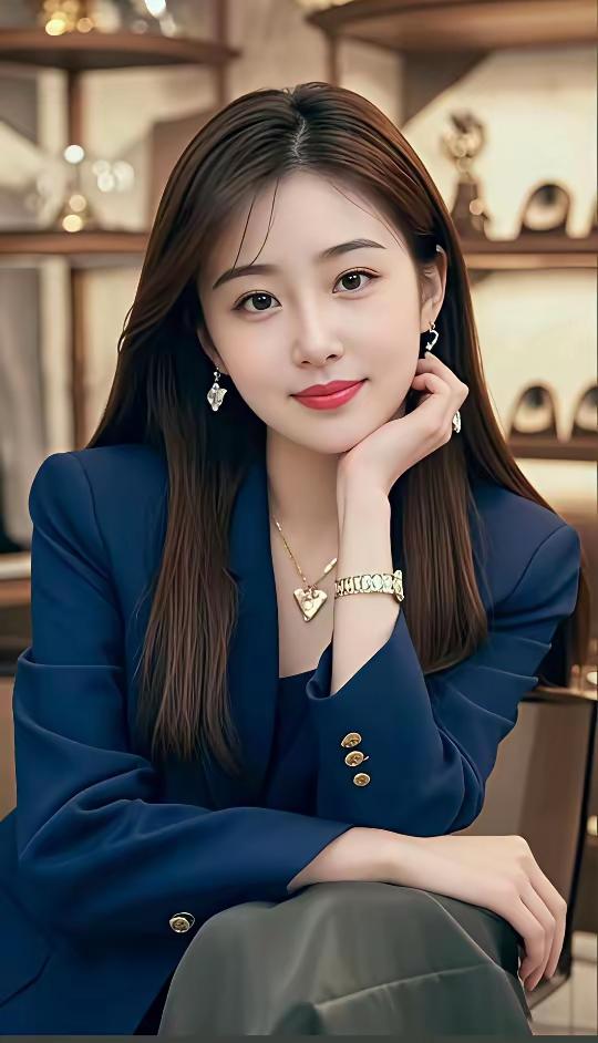 优雅职场风，精致妆容，自信微笑，时尚穿搭