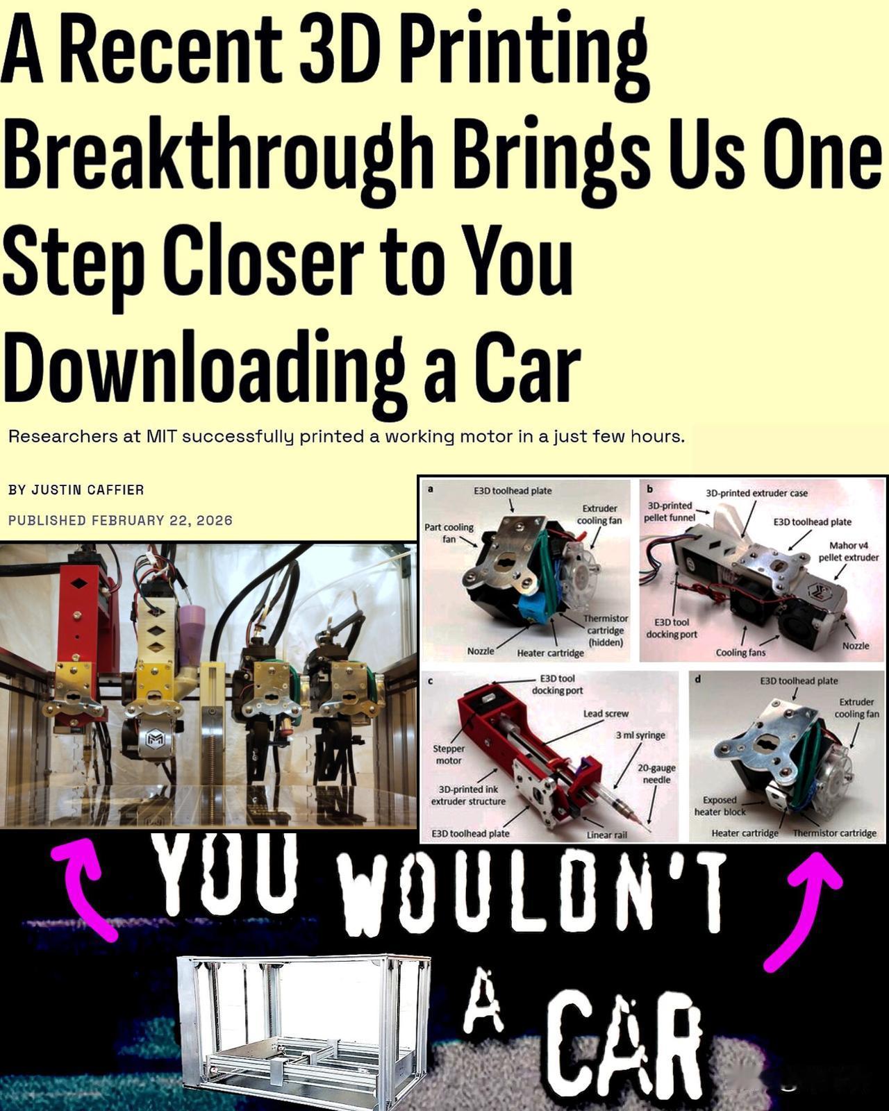 美国科学家们仅用3个小时，就以大约0.5美元的成本，3D打印出了一个功