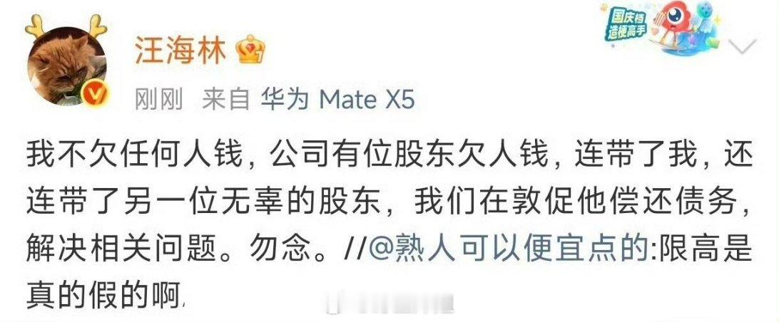汪海林出来回应自己被限高一事了，说自己没有欠任何人的钱，限高是因为被公司的一位股