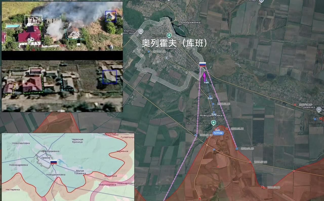 多信源+地理定位显示，俄军越过新达尼利夫卡，突入奥列霍夫市区东南部。俄军如何