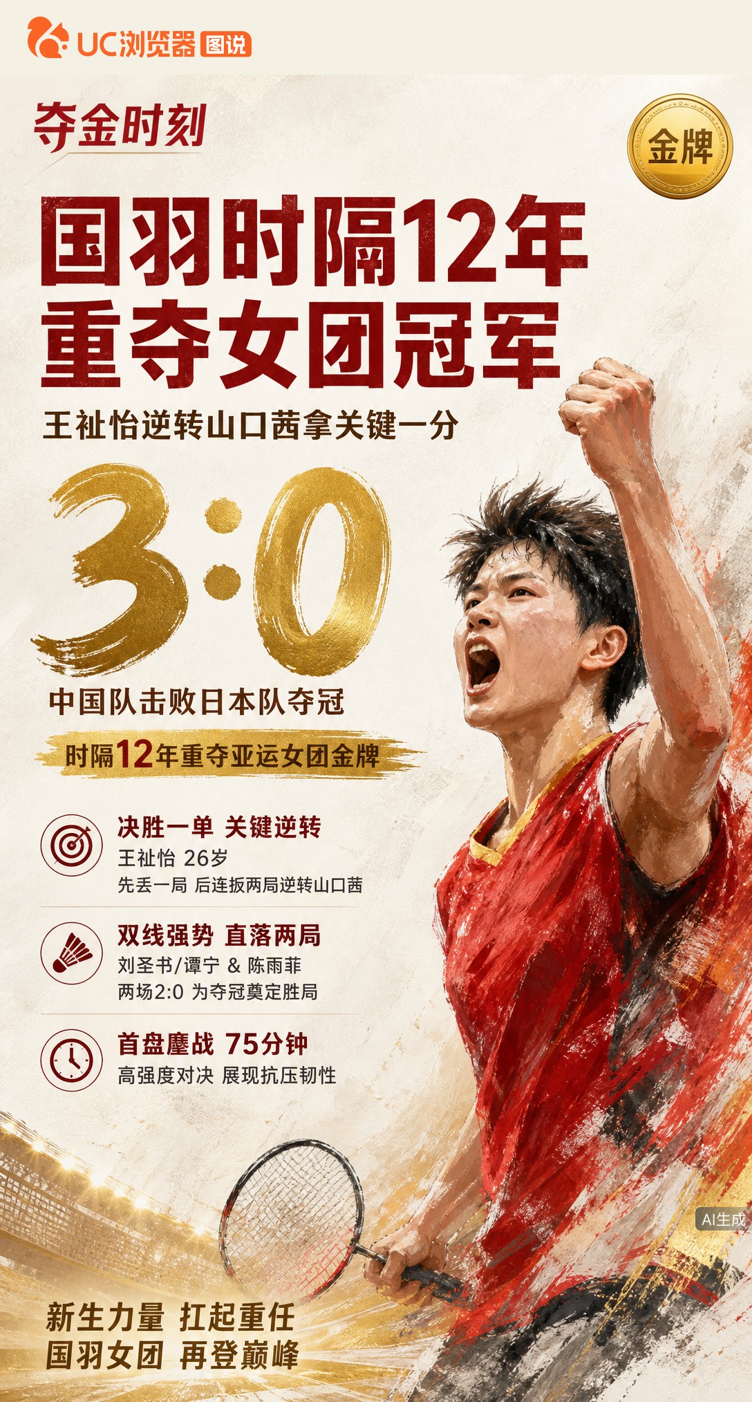 国羽女团3-0横扫日本，时隔12年重夺亚运金牌！王祉怡先丢一局后连扳两局逆转山口茜，75分钟鏖战拿下
