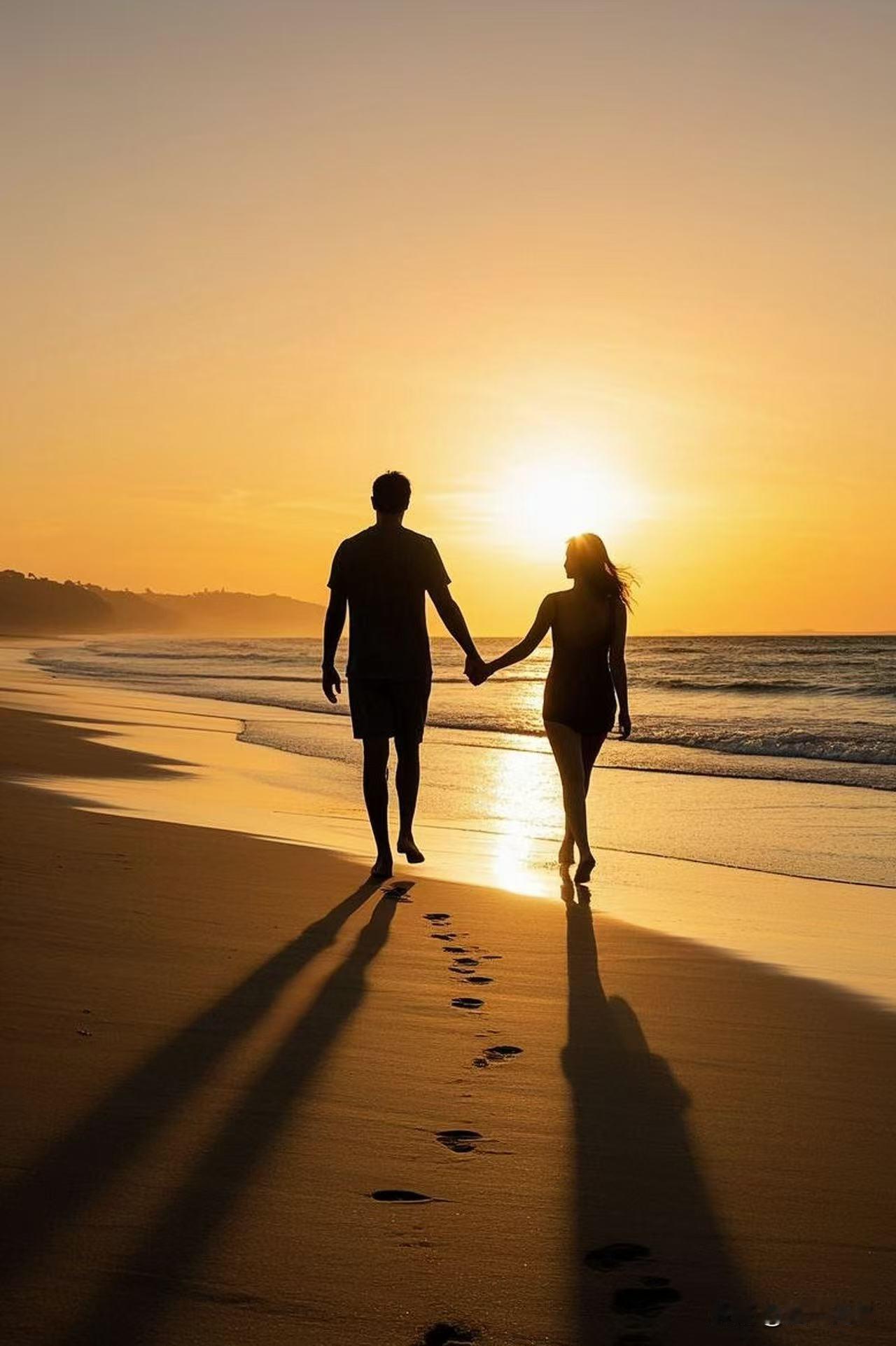 夕阳下的浪漫漫步，手牵手看海浪轻拍沙滩。