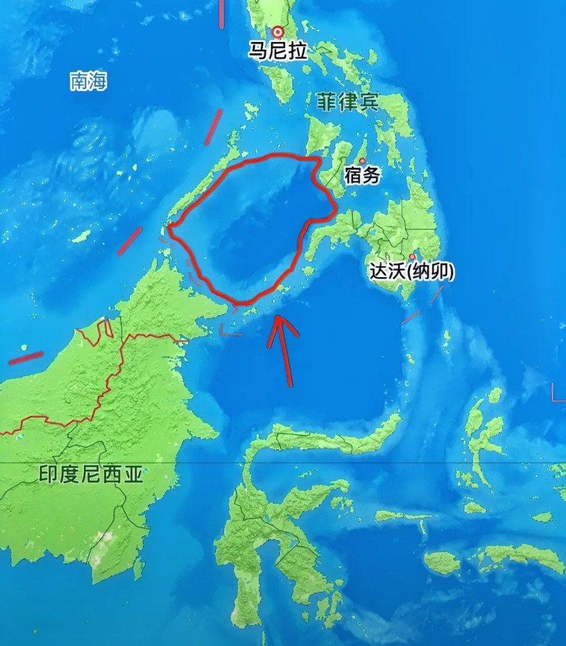 看地图时惊讶的发现，原来在菲律宾版图的南部竟然还有一片如此辽阔的海域，该海域总面