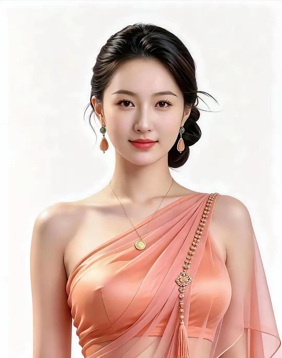 这位美女穿着粉色礼服，好漂亮！