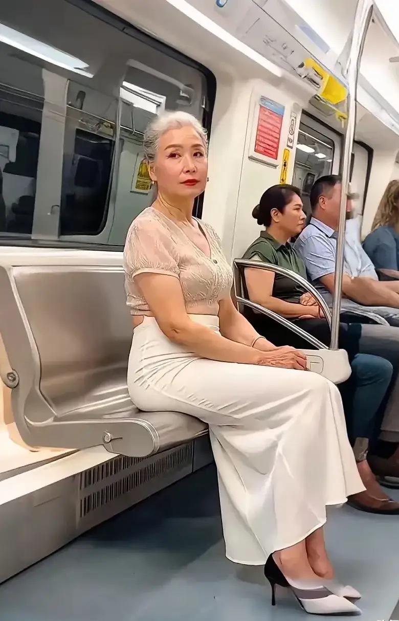 地铁车厢里，一位特别的乘客吸引了周围人的目光。这位看起来六十岁左右的女士，头发已