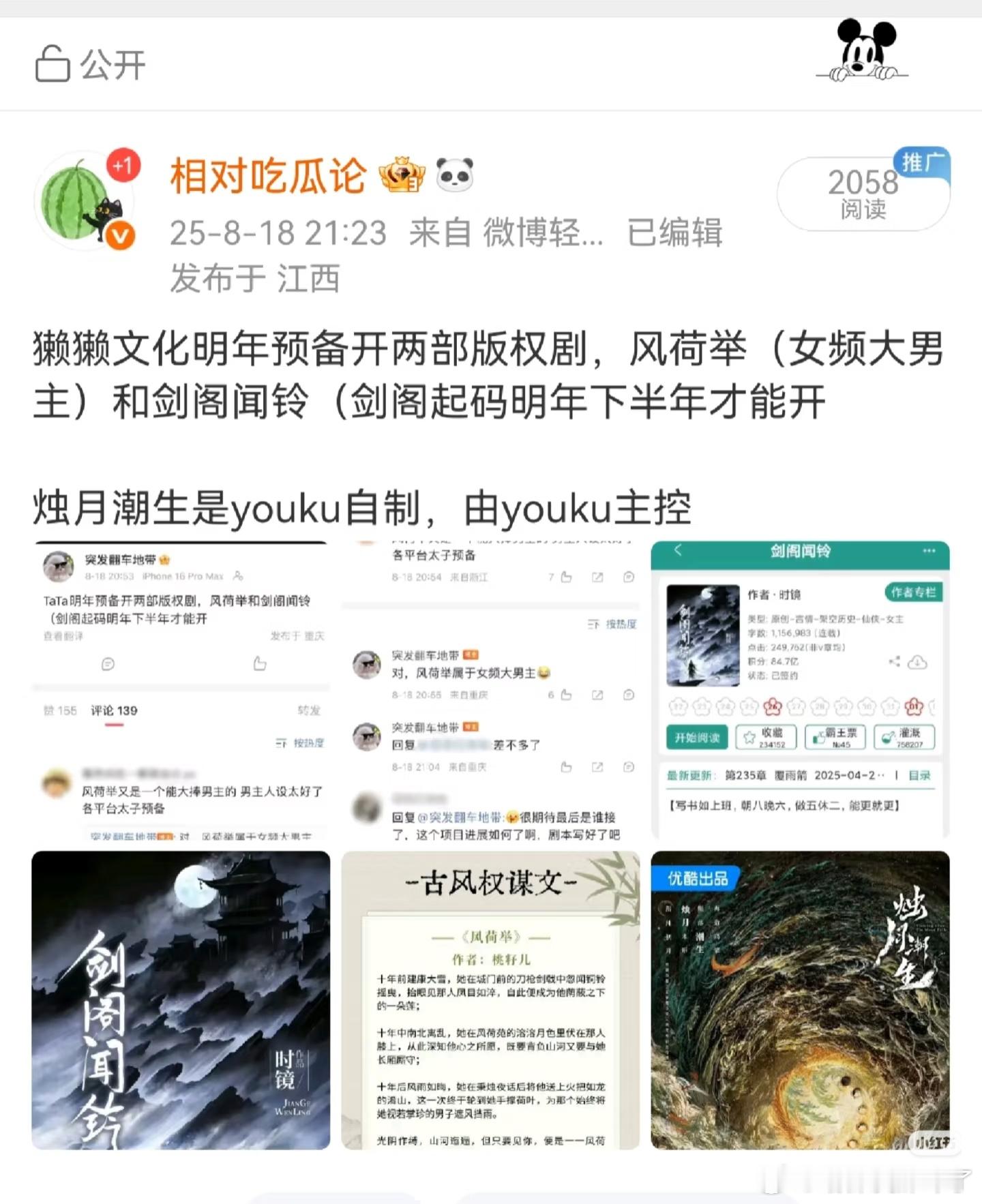 看小说没任何意义，要等班底出来才知道饼咋样，上限是网剧热度还是口碑制作基本从一开