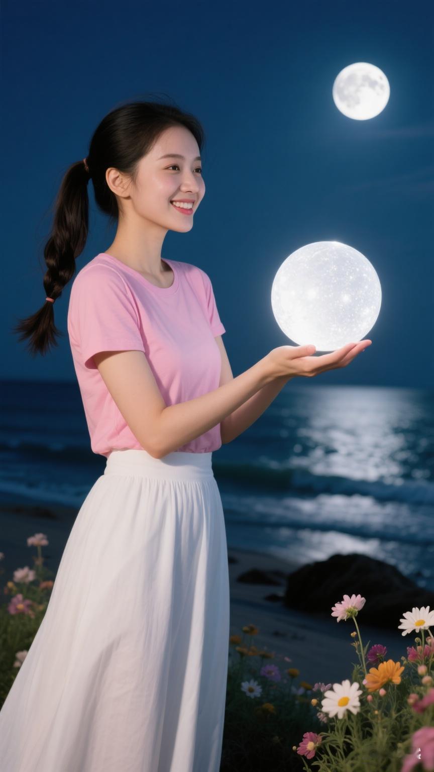 面容姣好的小姐姐粉短袖配白长裙，高马尾显俏皮。她浅笑托着硕大夜明珠，月光下明珠璀