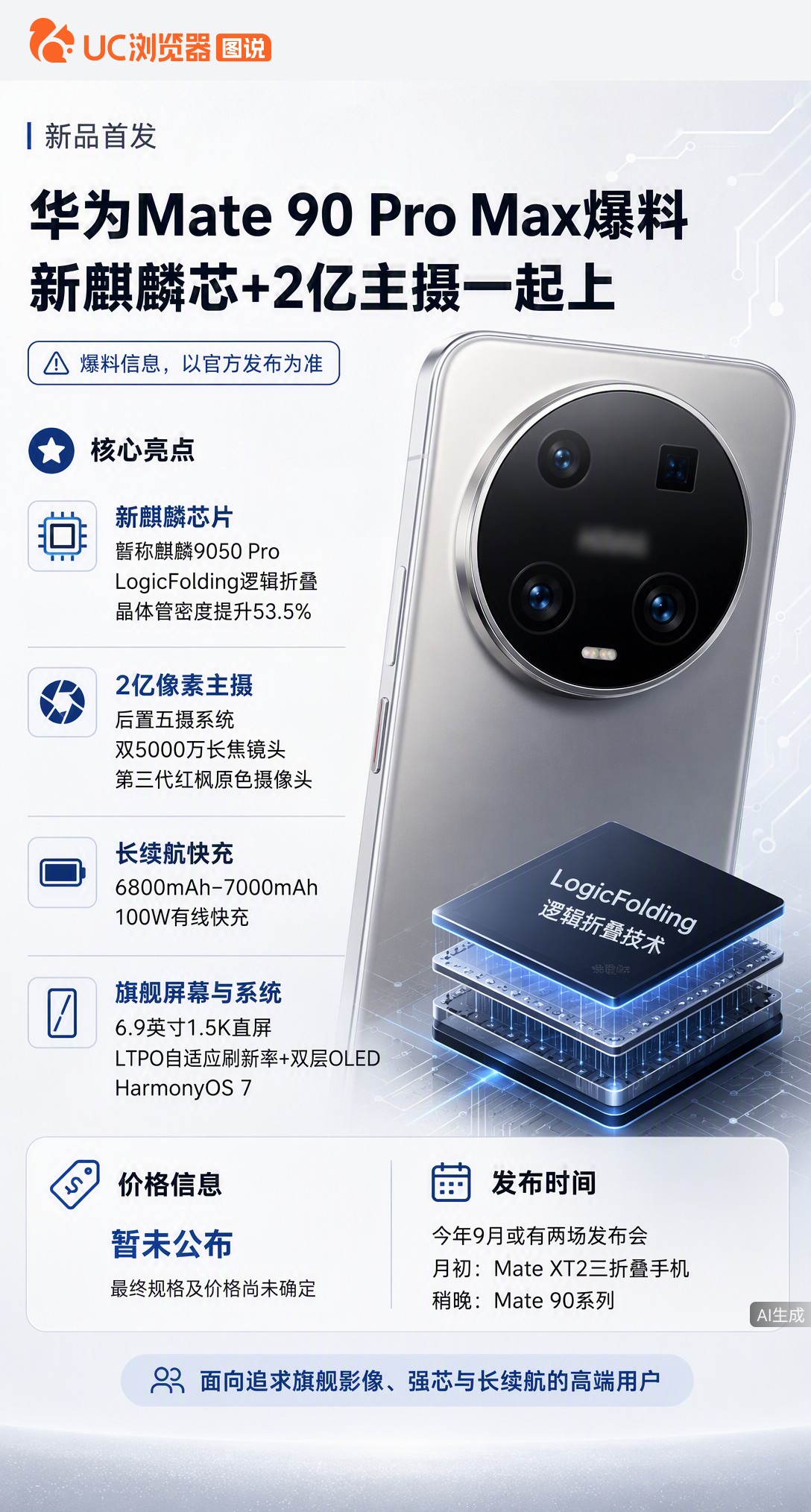 华为Mate90ProMax曝新料：麒麟芯或换3D堆叠思路，密度提升53.5%；2亿主摄加7000m