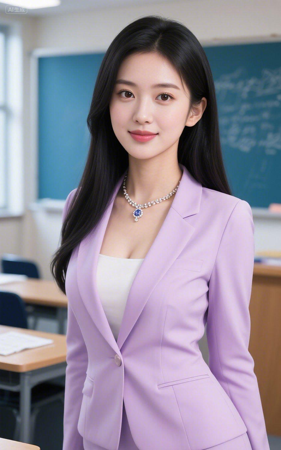 元气满满的校园少女，粉紫色西装外套搭配珍珠项链，元气满满！💕✨