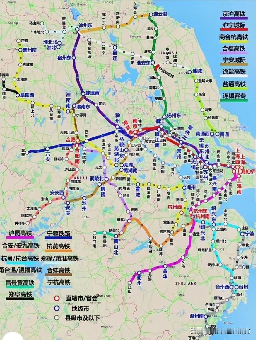 长三角高铁网络线路示意图，图片里属于长三角高铁网路线路，从图片可以看出长三角高铁