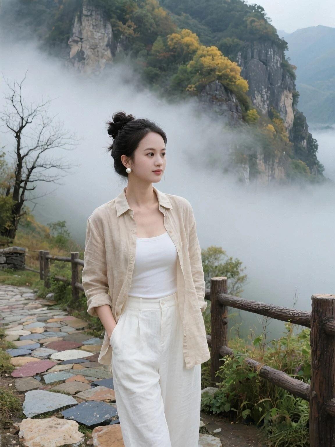 山间雾气起，佳人立如画。