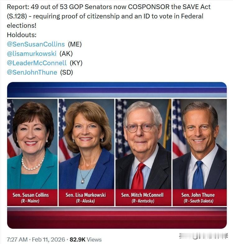 报告：53名共和党参议员中已有49人共同发起SAVE法案（S.128号法案）—