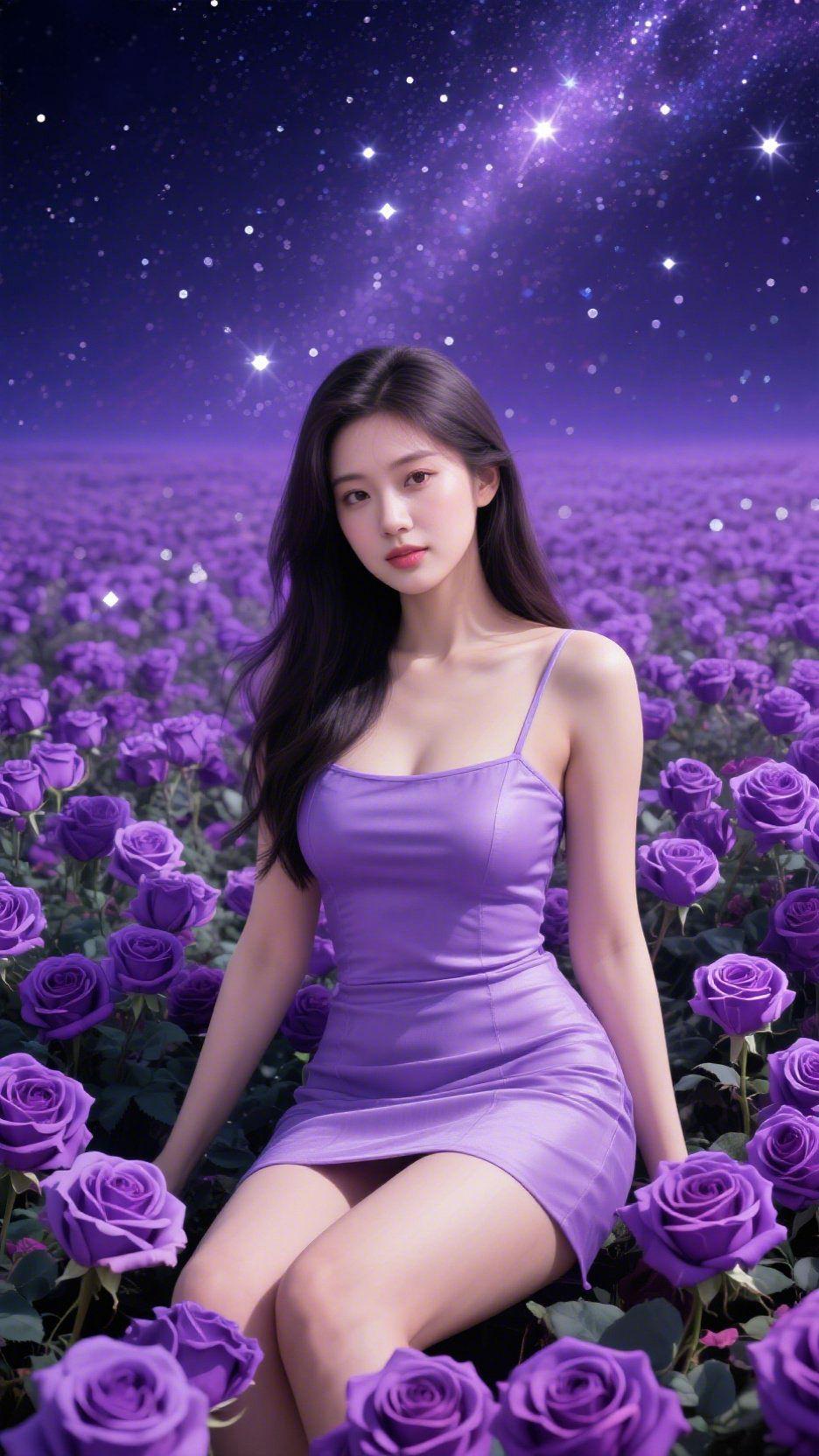 紫夜玫瑰海暮色漫过天际，整片旷野都浸在紫调的星河碎光里。漫无边际的紫玫瑰