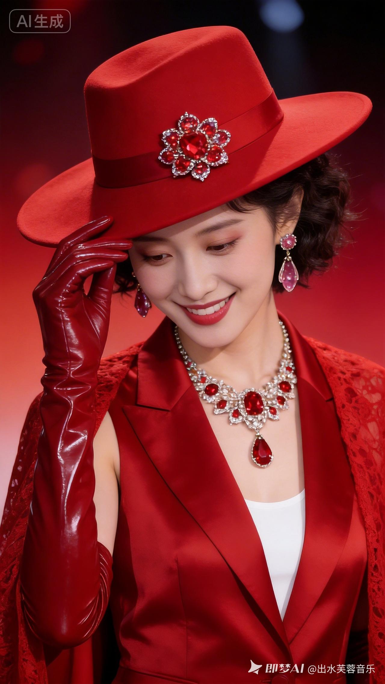 这位女士穿着红色礼服，戴红色帽子，配红色手套，笑容甜美。