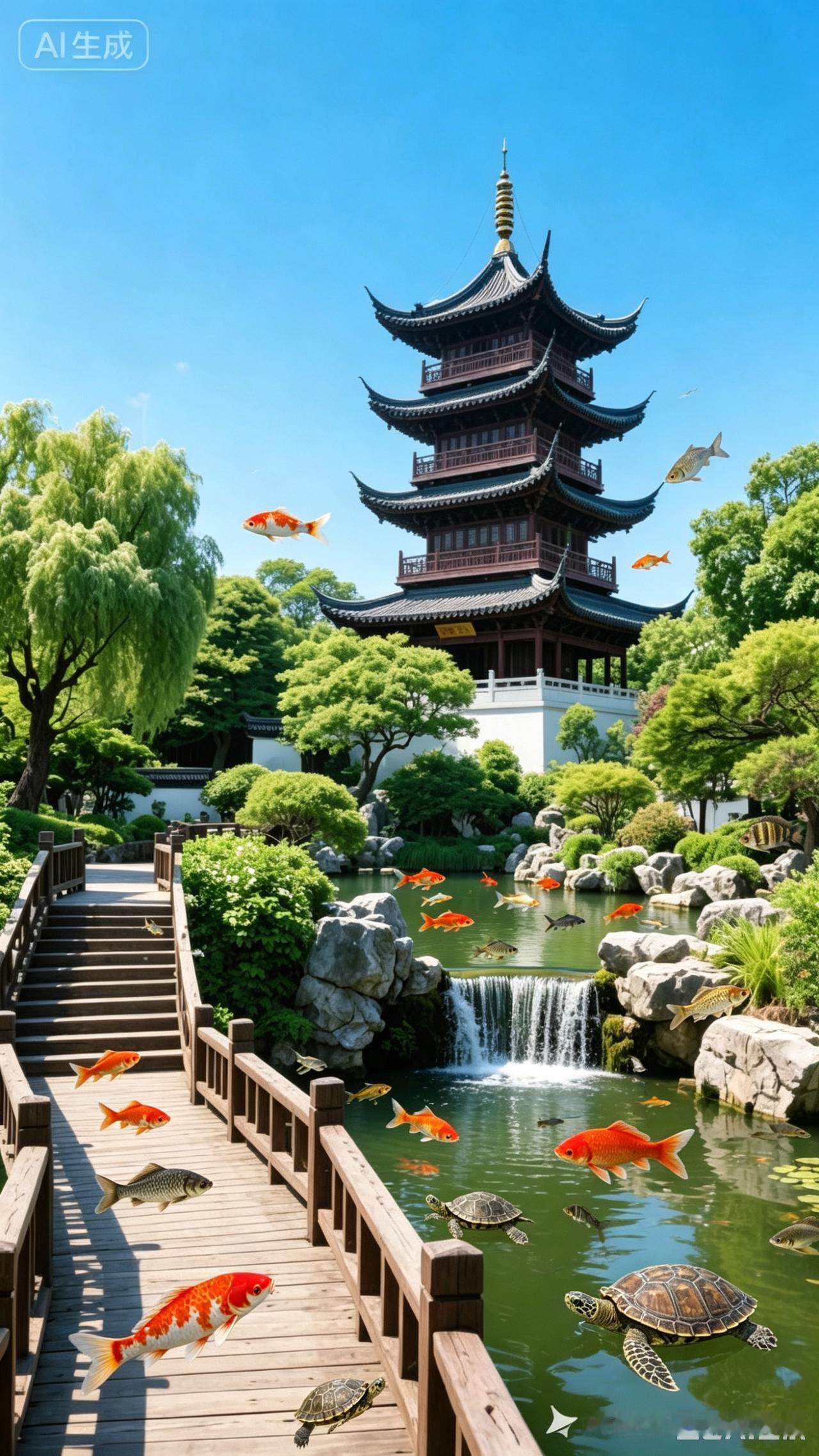 古园宝塔古塔凌云，倒映于澄澈碧空；亭园草木，葱茏似缥缈翠烟。木桥横跨，曲径
