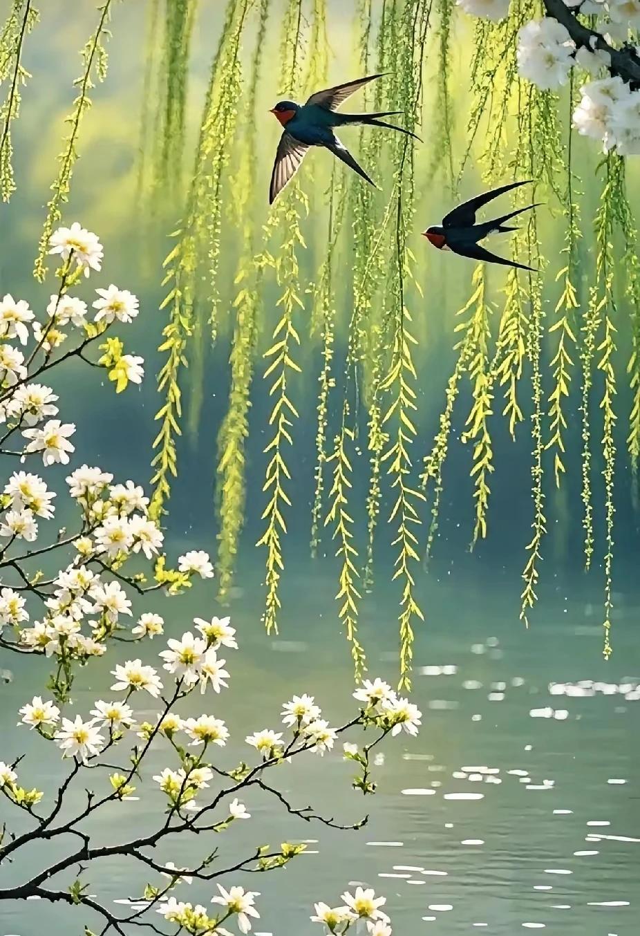 上联：花草萌芽待花开下联：柳叶沾春情似画