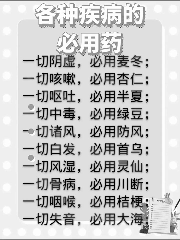 各种疾病的必用药。·一切头疼，必用川芎；·一切疼痛，必用元胡；·一切气虚，