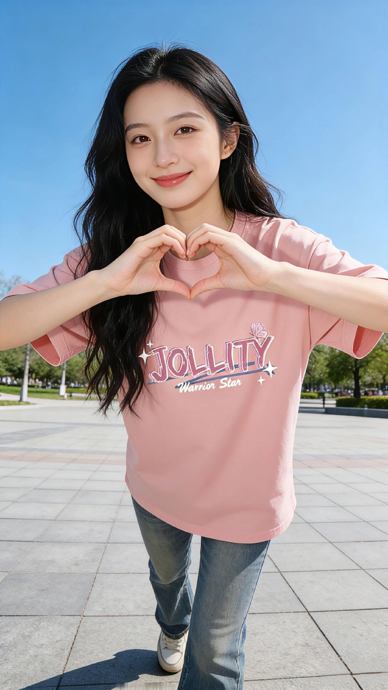 风掠过广场的地砖，把春日的暖意揉进衣料里。浅绿、粉、黑、浅蓝，四件印着“J