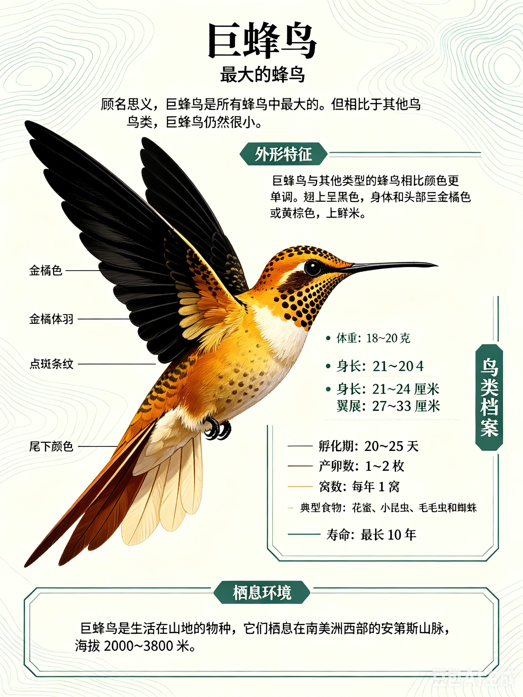 鸟类朋友图鉴巨蜂鸟顾名思义，巨蜂鸟是所有蜂鸟中最大的。但相比于其他鸟类，巨蜂鸟