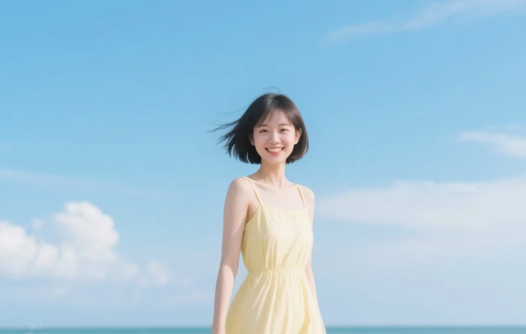 裙随风动，心随她动——短发女生海边连衣裙写真