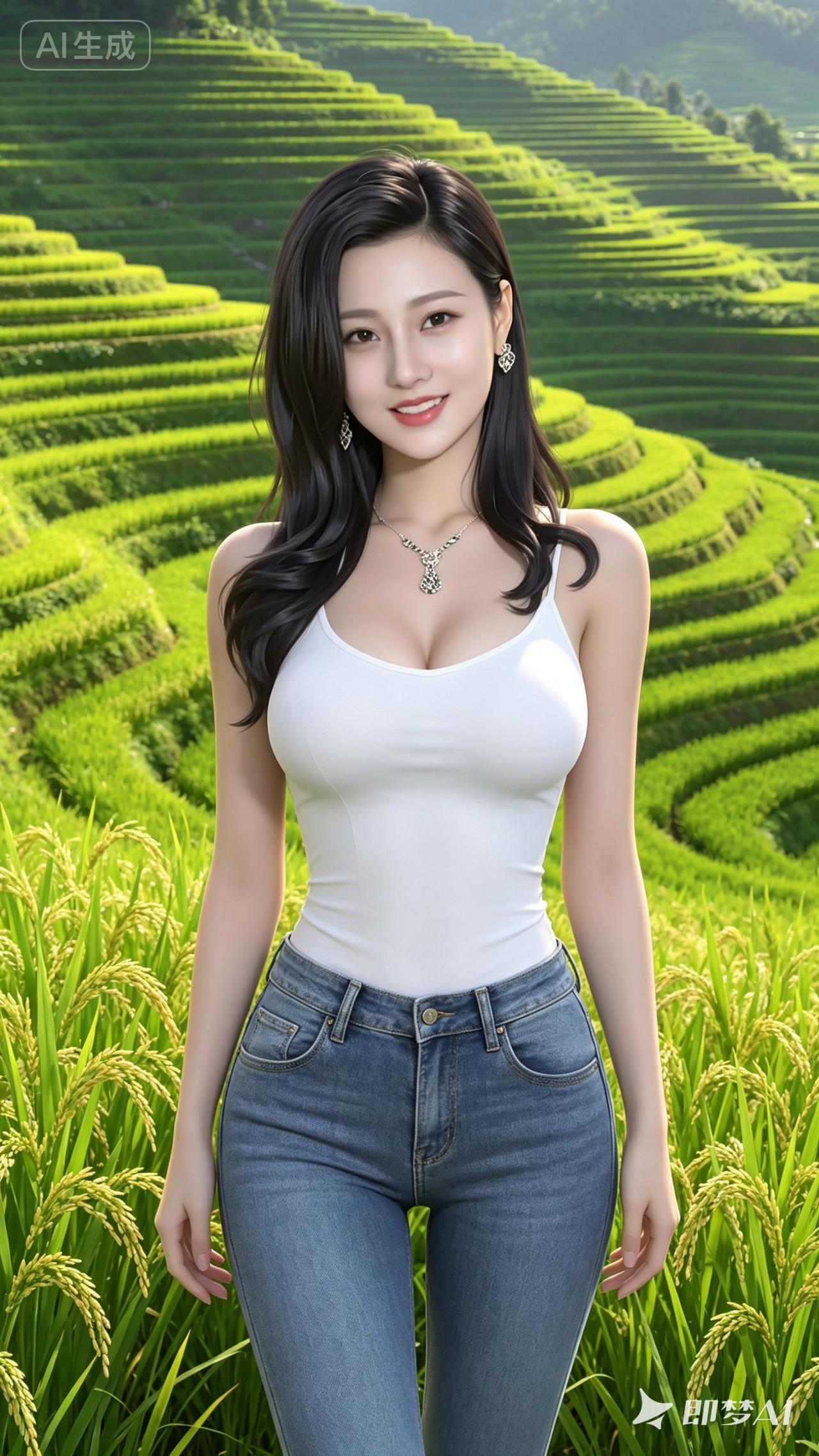 这姑娘站在田野里，真美！