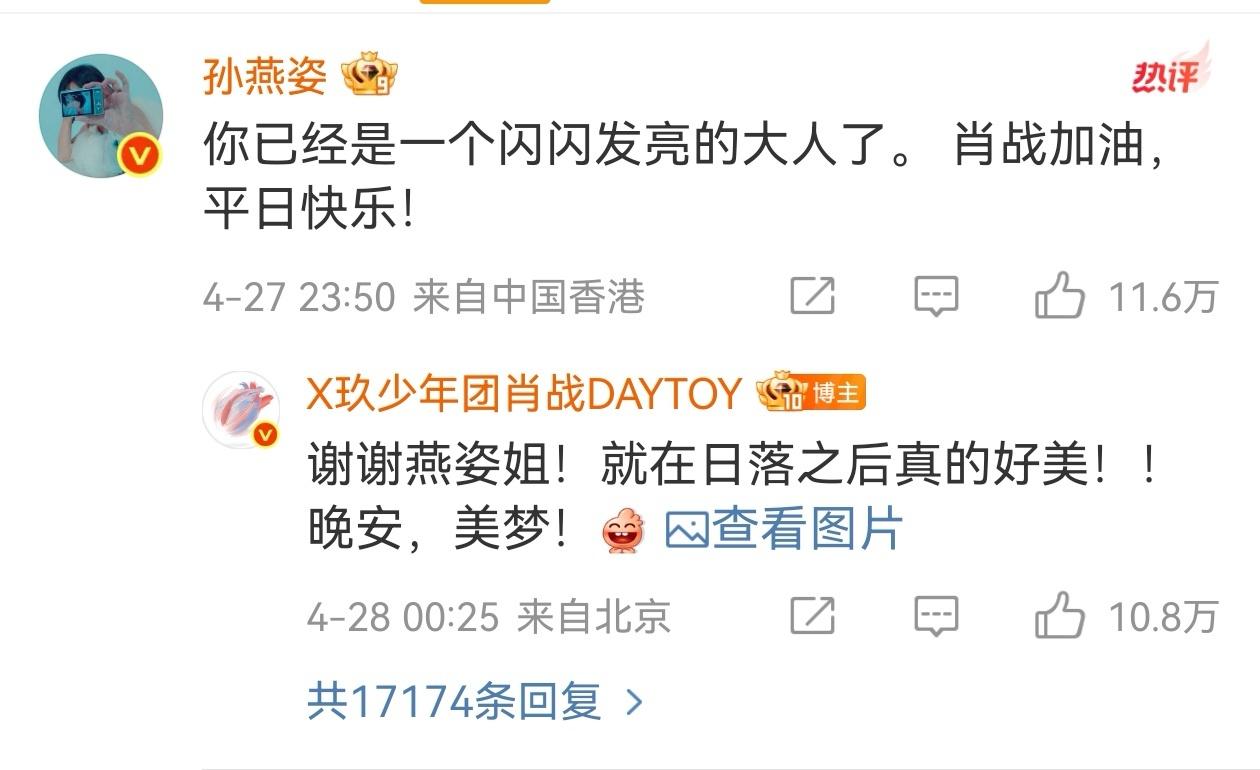 孙燕姿回复了的微博发文：“你已经是闪闪发光的大人了。肖战加油，平日快乐！”肖战随
