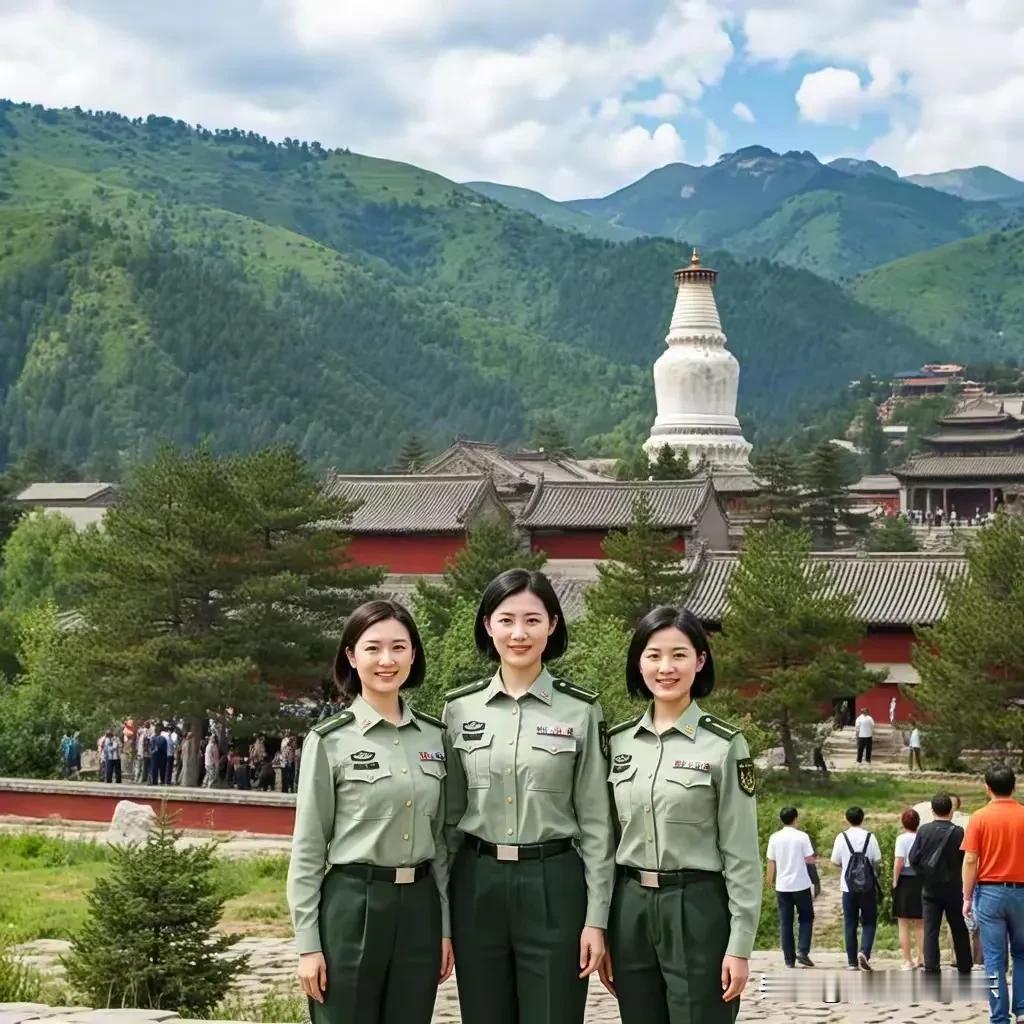 五台山上的女军人英姿三位女军人英姿飒爽的身影映入眼帘。她们站得笔挺，眼神中透着