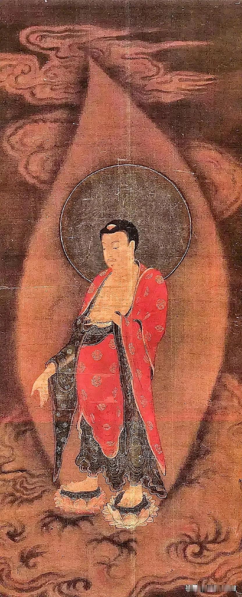 古绢佛画｜阿弥陀佛来迎图这是一幅宋元时期阿弥陀佛来迎图。佛陀足踏双莲，身